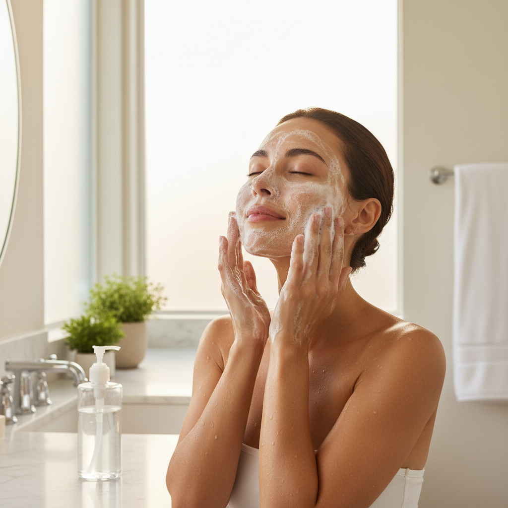 Application du nettoyant visage en mousse