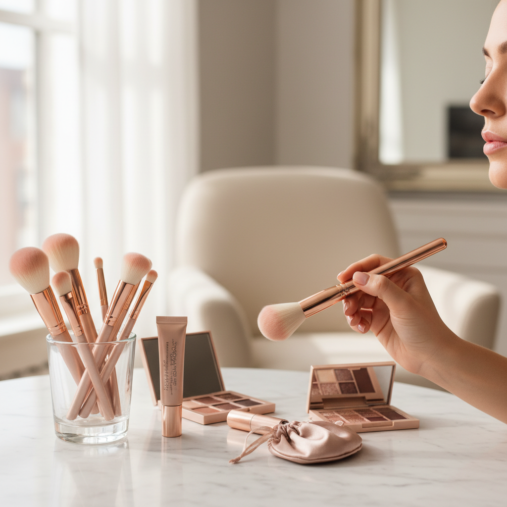 Application maquillage avec pinceaux professionnels