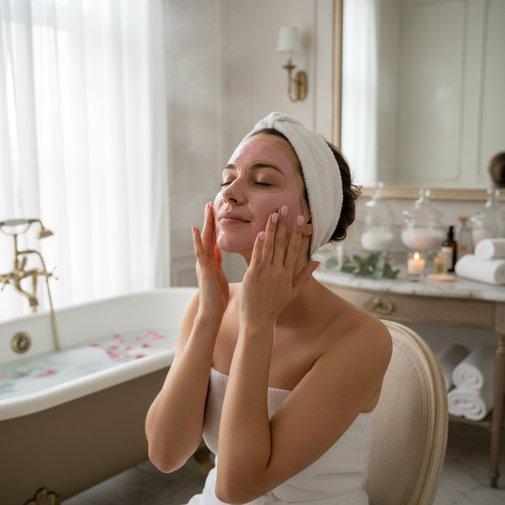 Application du masque visage argile rose
