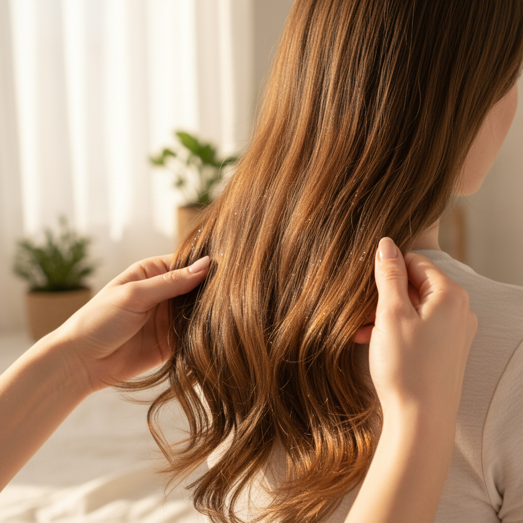 Application de l'huile sur cheveux brillants