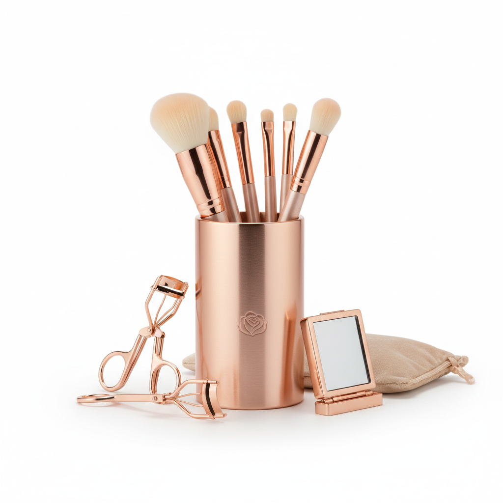 Set pinceaux maquillage rose gold dans support