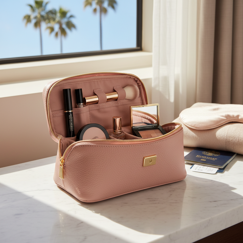 Trousse ouverte avec cosmétiques organisés